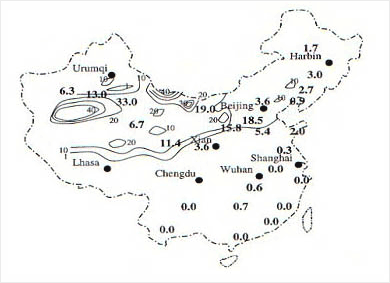 Annual frequency of dust storms in China. DAta from Goudie (1983) are given in bigger numbers.