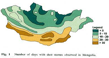 fig. 1 Number of days width dust stroms observed in Mongolia.
