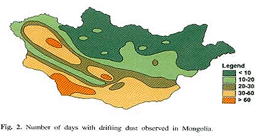 fig. 2 Number of days with drigring dust Observed in Mongolia.
