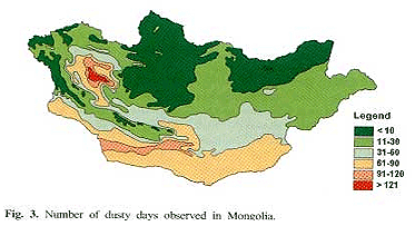 fig. 3 Number of dusty days observed in Mongolia.