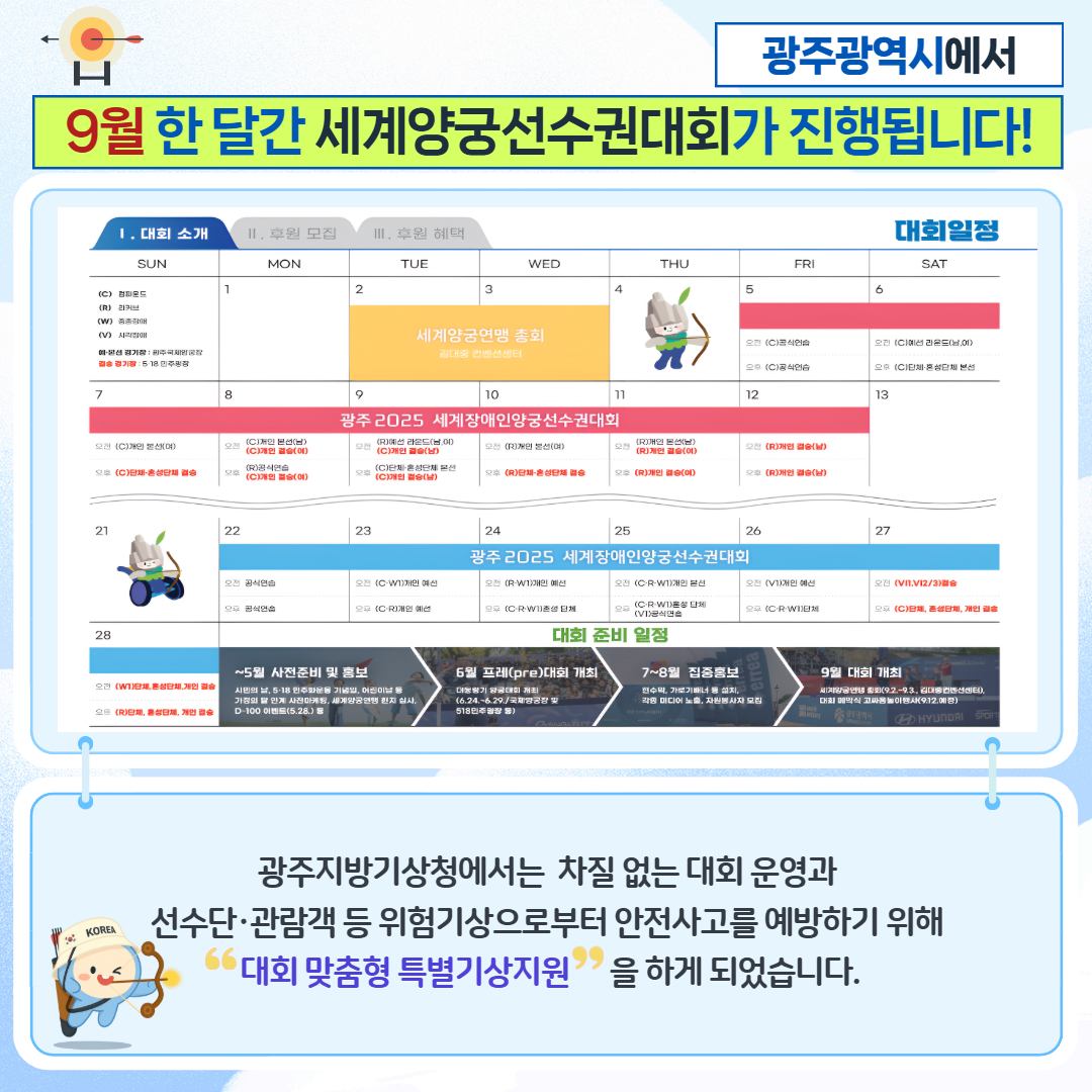 광주광역시에서 9월 한달간 세계양궁선수권대회가 진행됩니다! 광주지방기상청에서는 차질없는 대회 운영과 선수단, 관람객 등 위험기상으로부터 안전사고를 예방하기 위해 대회 맞춤형 특별기상지원을 하게 되었습니다.