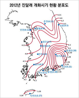 진달래 개화 예상시기 분포도(2012년)
