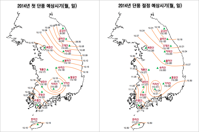 첫단풍, 단풍절정 현황 분포도
