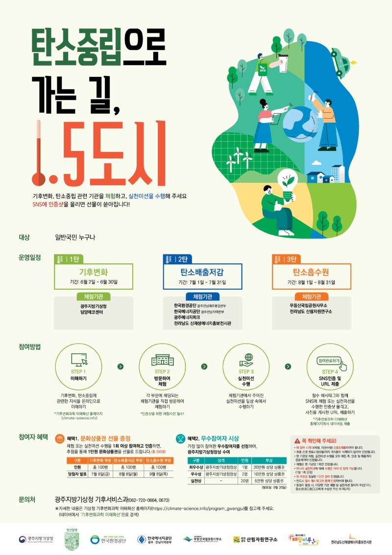 (포스터)탄소중립으로가는길1.5도시탄소중립으로 가는 길,1.5 도시,기후변화, 탄소중립 관련 기관을 체험하고, 실천미션을 수행해 주세요SNS에 인증샷을 올리면 선물이 쏟아집니다!대상:일반국민 누구나,운영일정,1탄,기후변화,기간: 6월 2일 ~ 6월 30일,체험기관,광주지방기상청,담양에코센터2탄,탄소배출저감,기간: 7월 1일 ~ 7월 31일,체험기관,한국환경공단 광주전남제주환경본부,한국에너지공단 광주전남지역본부광주에너지파크,전라남도 신재생에너지홍보전시관3탄,탄소흡수원,기간: 8월 1일 ~ 8월 31일,체험기관,무등산국립공원사무소,전라남도 산림자원연구소참여방법,STEP1,이해하기,기후변화, 탄소중립에 관련한 지식을 온라인으로 이해하기 * 기후변화과학 이해확산 홈페이지 (climate-science.info)STEP2,방문하여체험,각 부문에 해당되는 체험기관을 직접 방문하여 체험하기,*인증샷을 위한 체험사진 필수!STEP3,실천미션수행,체험기관에서 주어진 실천미션을 일상 속에서 수행하기STEP4,참여완료하기,SNS인증 및 URL 제출, 필수 해시태그와 함께 SNS에 체험 또는 실천미션을 수행한 인증샷 올리고, 사진을 게시한 URL 제출하기 *기후변화과학 이해확산 홈페이지에서 네이버폼 제출참여자 혜택1, 문화상품권 선물 증정, 체험 또는 실천미션 수행을 1회 이상 참여하고 인증하면, 추첨을 통해 1만원 문화상품권을 선물로 드립니다.(총 300명)구분 기후변화 부문,총 100명 탄소배출저감 부문,총 100명, 탄소흡수원 부문,총 100명, 당첨자 발표 7월 8일(금) 8월 8일(월) 9월 8일(목)혜택2, 우수참여자시상,가장 많이 참여한 우수참여자를 선정하여, 광주지방기상청장상 수여,최우수상 광주지방기상청장상 1명 20만원 상당 상품권,우수상 광주지방기상청장상 2명 10만원 상당 상품권,ㅡ실천상 - 20명 5만원 상당 상품권, 발표일:9월20일꼭,확인해주세요!!,매 참여 시마다(체험, 미션수행) 인증&제출하여야 합니다.• 최종 선정 완료시점(9월)까지 게시물이 삭제되지 않아야 인정됩니다. • 한 기관당 체험, 실천미션 수행을 모두 마친 후, 인증 및 제출까지 완료하여야 인정됩니다. • 체험은 한 기관당 1회만 인정됩니다.• 하나의 실천미션에 대해 수행은 여러 번 참여 가능합니다. (1일 1회 인정) • 한 계정당 동일한 1인만 참여 인정됩니다. • 반드시 필수 해시태그와 함께 인증하여야 합니다. • 동점자 발생 시, 다양한 기관 체험 및 실천미션 참여자 우선(1차), 청소년(초·중·고)에게 수상권 우선 부여(2차)문의처,광주지방기상청 기후서비스과(062-720-0664, 0673)일반국민 누구나, ※ 자세한 내용은 기상청 기후변화과학 이해확산 홈페이지(https://climate-science.info/program_gwangju)를 참고해 주세요. (네이버에서 ‘기후변화과학 이해확산’으로 검색)