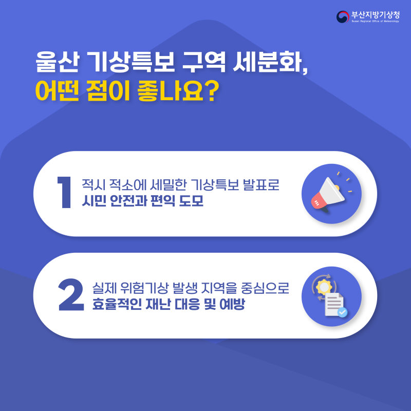 특보구역이 세분화되면 어떤 점이 좋나요? 첫째, 적시 적소에 세밀한 기상특보 발표로 시민 안전과 편익을 도모할 수 있게 됩니다 둘째, 실제 위험기상 발생 지역을 중심으로 효율적인 재난 대응 및 예방이 가능해집니다