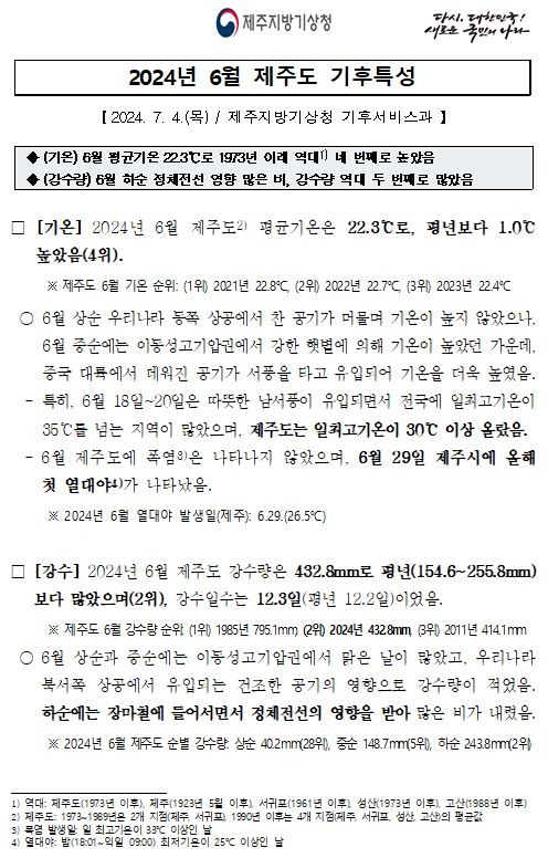 2024년 6월 제주도 기후특성은 기온이 역대 4위이고 강수량은 역대 2위라는 기후분석자료 첫 장의 캡처본 이미지