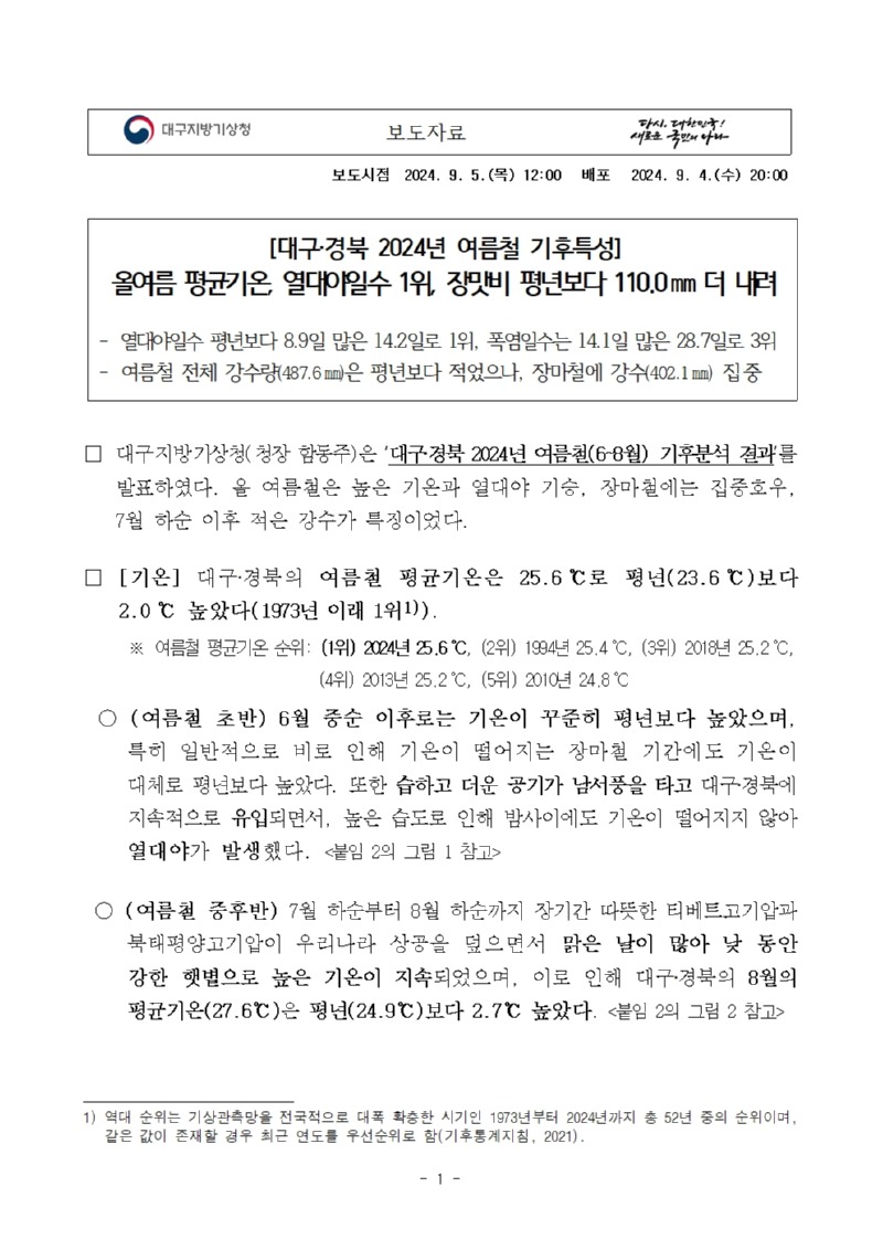  대구‧경북의 여름철 평균기온은 25.6℃로 평년보다 2.0℃ 높았고, 평균 강수량은 487.6mm로 평년보다 적었습니다