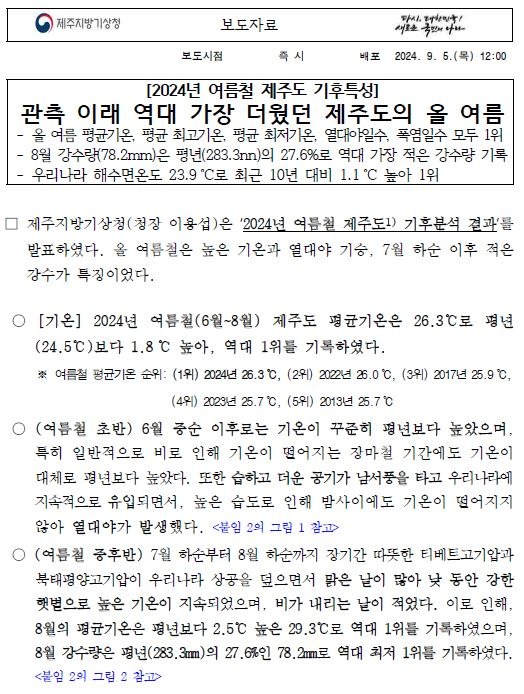 2024년 여름철 제주도 기후특성은 관측 이래 역대 가장 더웠다는 보도자료 첫페이지 캡쳐본 이미지
