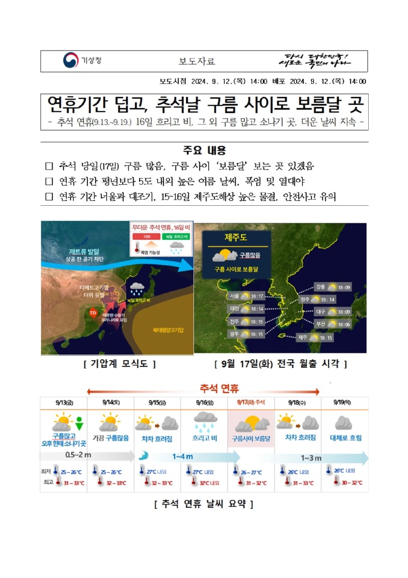 2024년 추석연휴 기상 전망은 연휴기간 덥고, 추석날 구름 사이로 보름달을 볼 수 있다는 보도자료 첫 페이지 캡처본 이미지