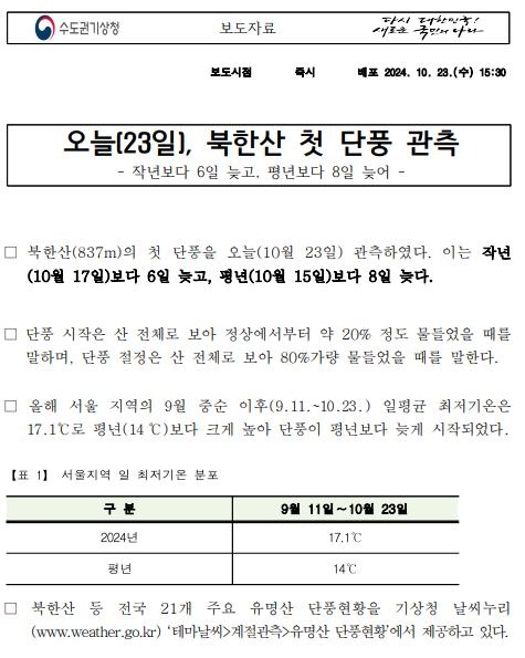 23일, 북한산 첫 단풍이 관측되어 작년보다 6일 늦고, 평년보다 8일 늦다는 보도자료 이미지