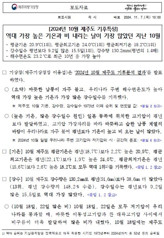 2024년 10월 제주도 기후특성은 역대 가장 높은 기온과 비 내리는 날이 가장 많았다는 보도자료 첫 페이지.JPG