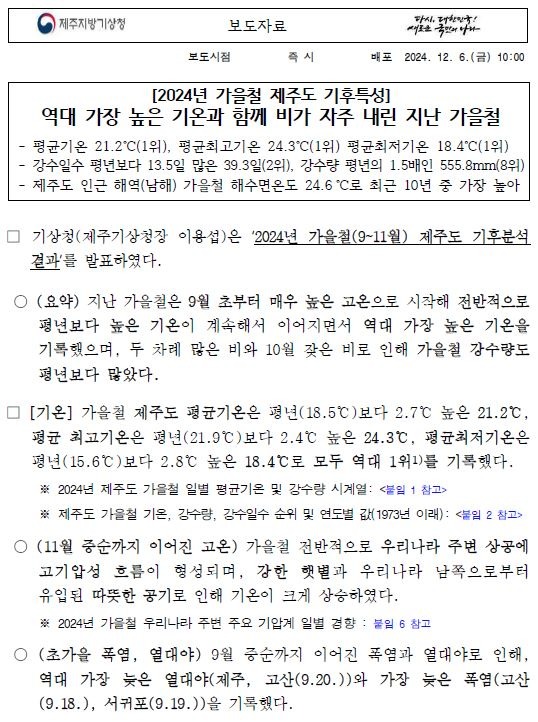 역대 가장 기온 높고 비가 자주 내렸다는 2024년 가을철 제주도 기후특성 보도자료의 첫 페이지 캠쳐본