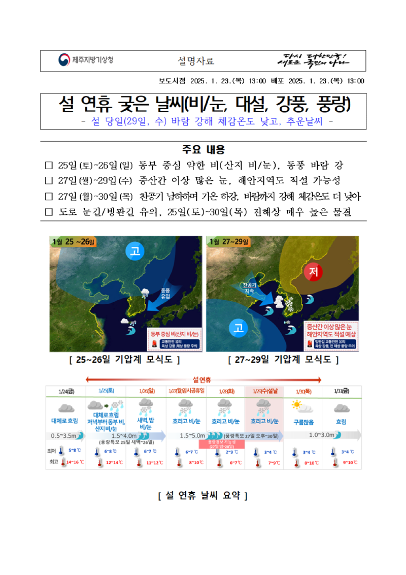 2025년 설 연휴 기상 전망은 연휴기간 궂은 날씨로 비 또는 눈,대설,강풍,풍랑 유의하라는 보도자료 첫 페이지 캡처본 이미지