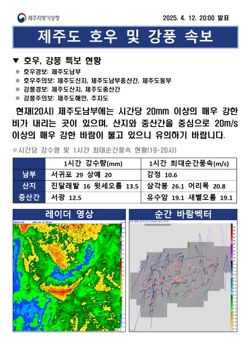 호우 및 강풍 속보 20시