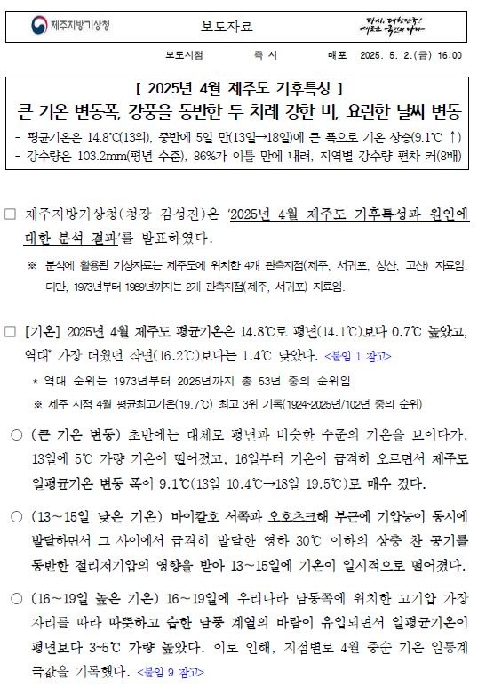 2025년 4월 제주도 기후특성은 큰 기온 변동폭과 두차례 강한비가 내려 요란한 날씨변동이었다는 보도자료의 첫 페이지 캡쳐본