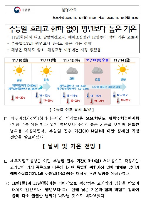 2026년 대학수학능력시험일 제주기상전망 설명자료 첫 페이지의 이미지