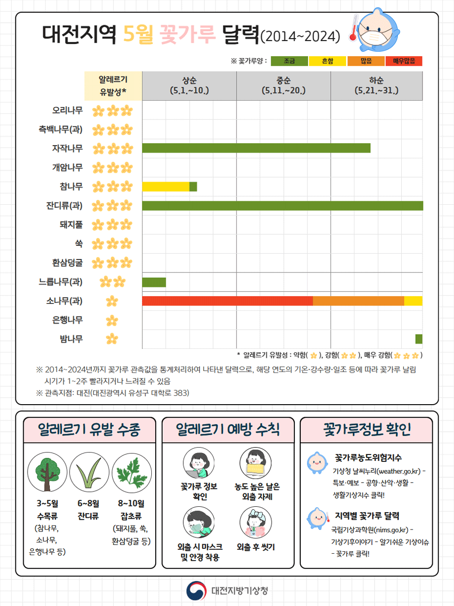 대전지역 5월 꽃가루 달력입니다. 알레르기 유발성이 매우 강한 나무는 오리나무, 측백나무, 자작나무, 개암나무, 참나무, 잔디류, 돼지풀, 쏙, 환삼덩굴이 있고, 알레르기 유발성이 강한 수종은 느릅나무, 알레르기 유발성이 약한 수종은 소나무, 은행나무, 밤나무입니다. 자작나무는 3월 말부터 5월 하순까지 꽃가루량은 조금, 느릅나무는 3월 중순부터 5월 초까지 꽃가루량이 조금, 소나무는 3월 말부터 꽃가루 양이 발생하기 시작하여, 5월 중순경까지 매우많음, 5월 하순까지 많음, 5월 말경 흔하게 발생합니다. 참나무는 5월 초까지 흔하다가 점차 조금으로 줄어들겠습니다. 잔디류는 5월 내내 조금씩 꽃가루가 발생하겠습니다. 꽃가루양은 2014년부터 2024년까지 꽃가루 관측값을 통계처리하여 나타낸 달력으로, 해당 연도의 기온, 강수량, 일조 등에 따라 꽃가루 날림 시기가 1,2주 빨라지거나 느려질수 있습니다. 대전 꽃가루달력 관측지점 주소는 대전광역시 유성구 대학로 383입니다. 알레르기 유발 수종은 3,4,5월 수목류에는 참나무, 소나무, 은행나무 등, 6,7,8월은 잔디류, 8.9.10월은 돼지풀, 쑥, 환삼덩굴 등 잡초류가 있습니다. 알레르기 예방수칙은 꽃가루 정보 확인, 농도 높은 날은 외출 자제 하시고, 외출시 마스크 및 안경을 착용하세요. 외출후 씻기 등이 있습니다. 꽃가루 정보 확인은 꽃가루 농도 위험지수에서도 확인이 가능하며, 지역별 꽃가루 달력은 국립기상과학원 알기쉬운 기상이슈에서 확인하실수 있습니다.