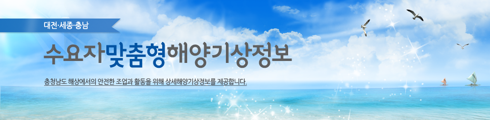 대전·세종·충남 수요자맞춤형해양기상정보입니다. 해양ㆍ수산ㆍ해운 등 고객이 원하는 정보 생산으로 안전한 조업과 해양산업을 발전시키고자 개선된 수요자 맞춤형 해양기상정보를 대전지방기상청에서 제공합니다.