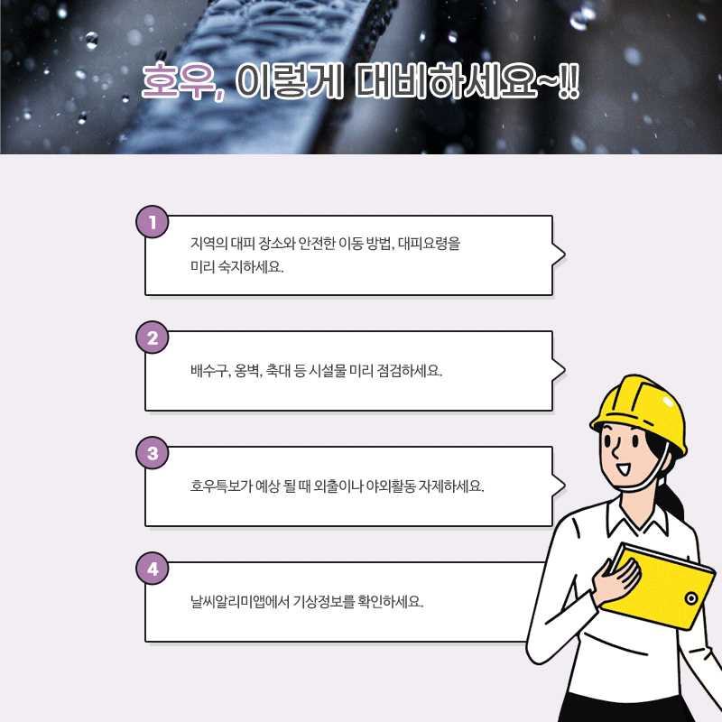 호우 이렇게 대비하세요. 첫째 지역의 대피 장소와 안전한 이동 방법, 대피요령을 미리 숙지하세요. 둘째 배수구, 옹벽, 축대 등 시설물 미리 점검하세요. 셋째 호우특보가 예상 될 때 외출이나 야외활동 자제하세요. 넷째 날씨알리미앱에서 기상정보를 확인하세요.
