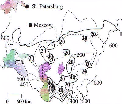 Annual frequency of dust storms (visibility < 1000 m, solid line) in the former USSR in relation to mean annual rainfall (in mm, dashed line) (redrawn from Goudie, 1983).