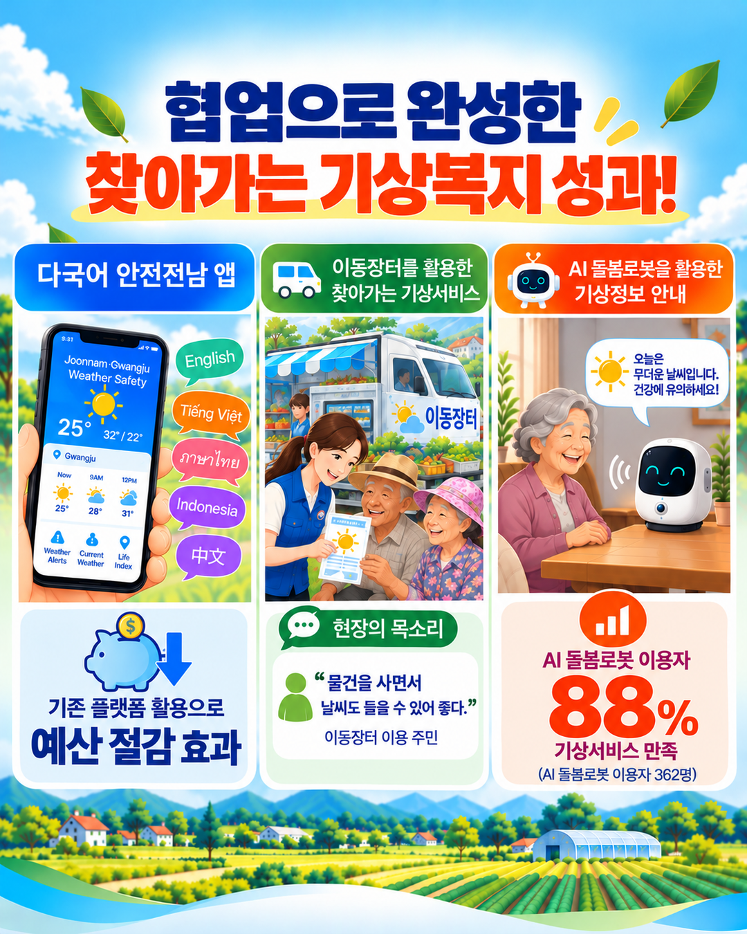 협업으로 완성한 찾아가는 기상복지 성과! 다국어 안전전남 앱-기존 플랫폼 활용으로 예산 절감 효과, 이동장터를 활용한 찾아가는 기상서비스- 현장의 목소리_물건을 사면서 날씨도 들을 수 있어 좋다, 이동장터 이용 주민, AI 돌봄로봇을 활용한 기상정보 안내-AI돌봄로봇 이용자 88% 기상서비스 만족(AI돌봄로봇 이용자 362명)