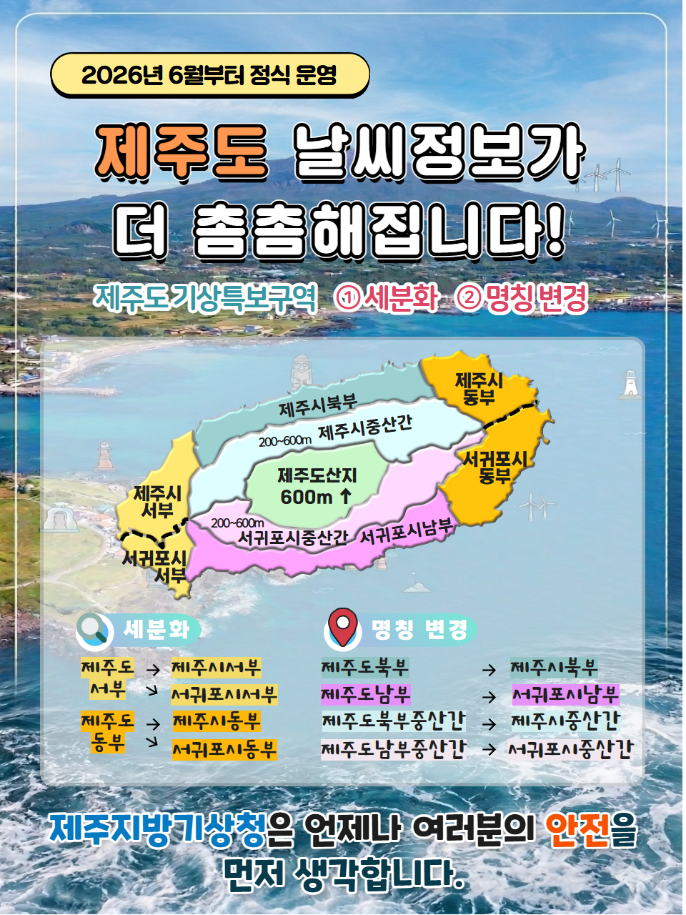 '2026년 6월부터 정식 운영' 제주도 날씨정보가 더 촘촘해집니다! 제주도 기상특보구역 ①세분화 ②명칭변경 -제주지방기상청은 언제나 여러분의 안전을 먼저 생각합니다.