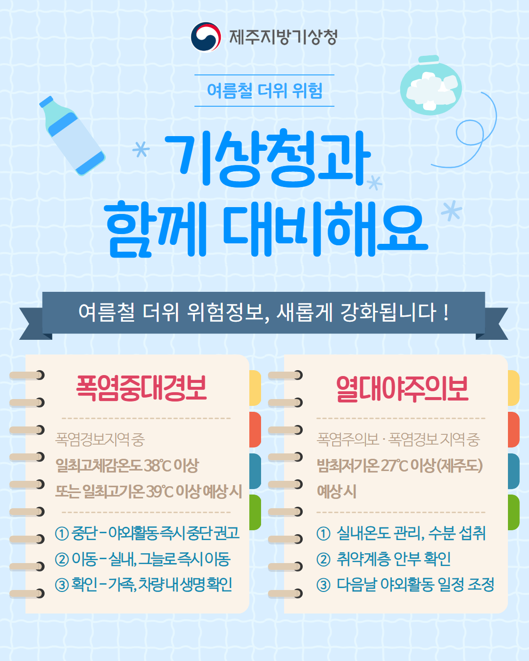 '여름철 더위 위험 기상청과 함께 대비해요.' 여름철 더위 위험정보, 새롭게 강화됩니다! (폭염중대경보)폭염경보지역 중 일최고체감온도 38℃ 이상 또는 일최고기온 39℃ 이상 예상 시 ①중단-야외활동 즉시 중단 권고 ②이동-실내, 그늘로 즉시 이동 ③확인-가족, 차량 내 생명 확인 (열대야주의보)폭염주의보·폭염경보 지역 중 밤최저기온 27℃ 이상(제주도) 예상 시 ①실내온도 관리, 수분 섭취 ②취약계층 안부 확인 ③다음날 야외활동 일정 조정
