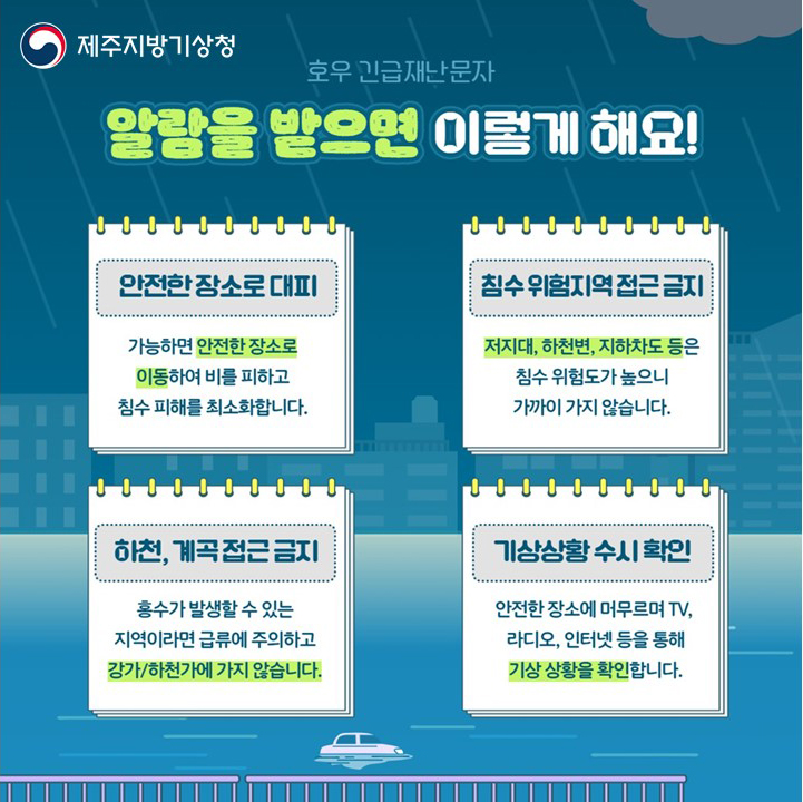 알람을 받으면 이렇게 해요! #안전한 장소로 대피 -가능하면 안전한 장소로 이동하여 비를 피하고 침수 피해를 최소화합니다. #침수 위험지역 접근 금지 -저지대,하천변,지하차도 등은 침수 위험도가 높으니 가까이 가지 않습니다. #하천, 계곡 접근 금지 -홍수가 발생할 수 있는 지역이라면 급류에 주의하고 강가/하천가에 가지 않습니다. #기상상황 수시 확인 -안전한 장소에 머무르며 TV, 라디오, 인터넷 등을 통해 기상 상황을 확인합니다.