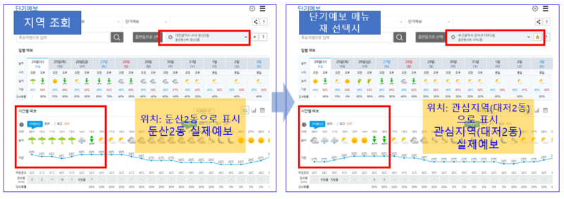 관심지역 오류 수정후 지명, 예보구역 일치 화면