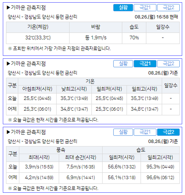 개선된 가까운 관측지점 표출 화면. 실황, 극값1, 극값2