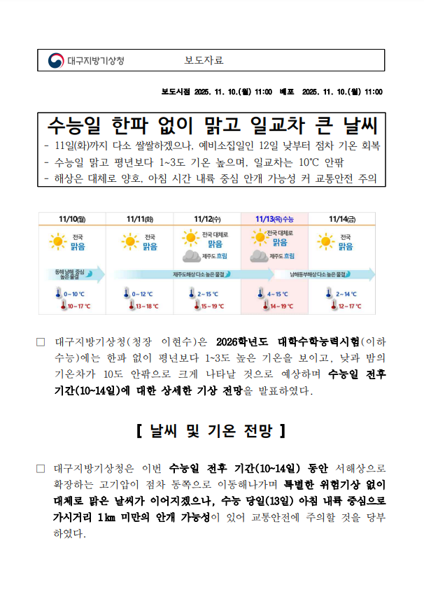 수능일 한파 없이 맑고 일교차 큰 날씨라는 대구지방기상청 보도자료 첫페이지 이미지