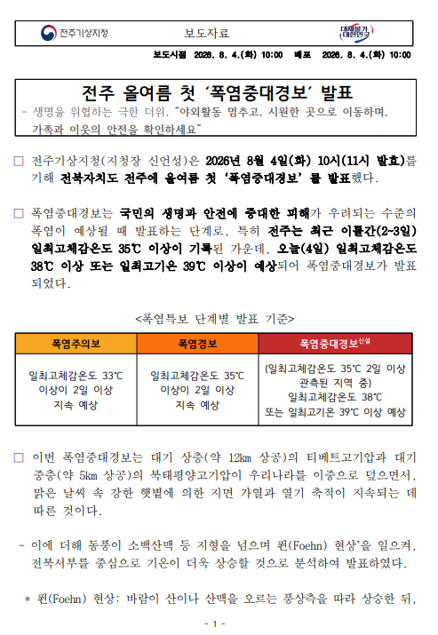 전주 올여름 첫 폭염중대경보 발표