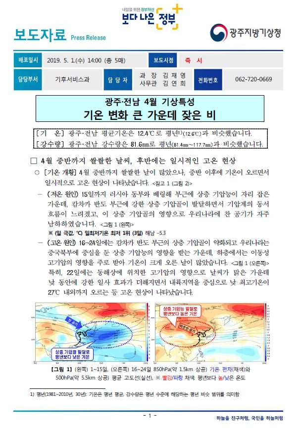 [보도자료] 광주·전남 4월 기상특성